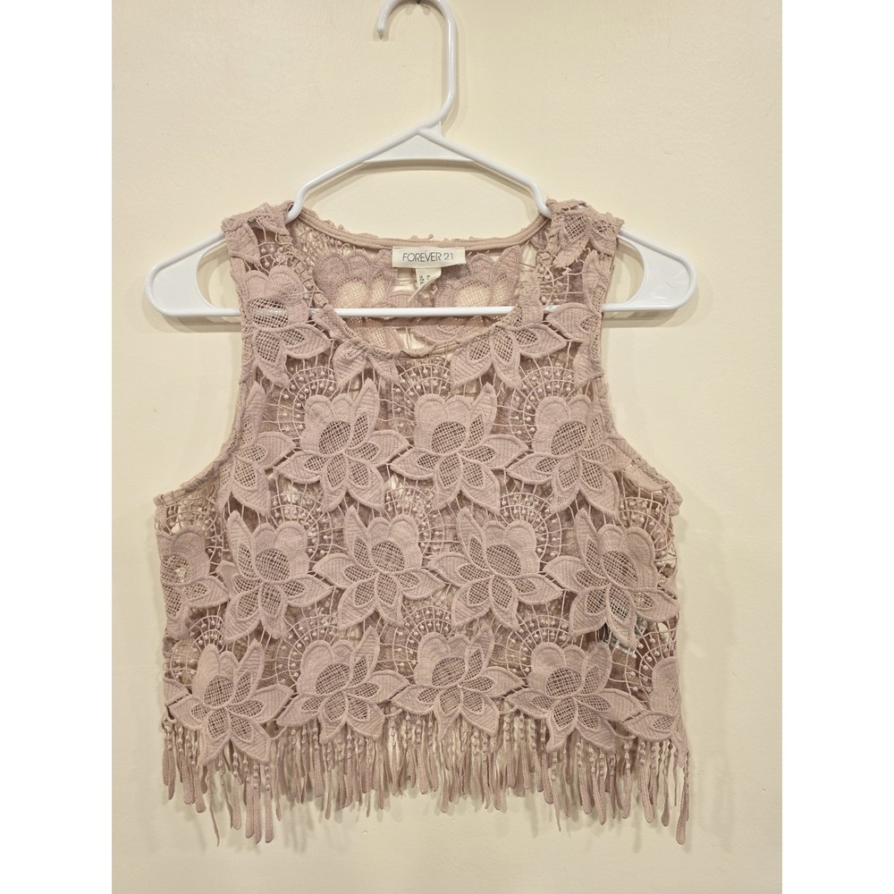 Boho Crochet Lace Fringe Tank Top Medium Beige Open Knit‎ Festival Top